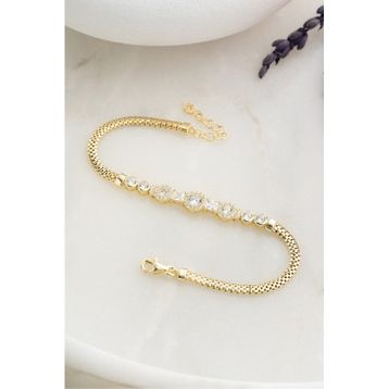 Nereze 925 Ayar Gümüş Gold Kaplama Balık Sırtı Zincirli Elmas Montür 3 Taşlı Bileklik