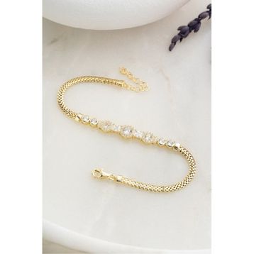 Nereze 925 Ayar Gümüş Gold Kaplama Balık Sırtı Zincirli Elmas Montür 3 Taşlı Bileklik