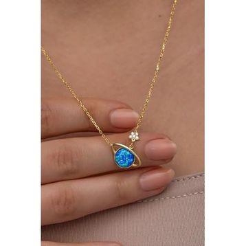 Nereze 925 Ayar Gümüş Gold Kaplama Mavi Opal Taşlı Gezegen Kolye