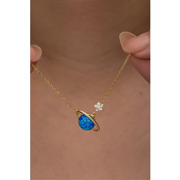Nereze 925 Ayar Gümüş Gold Kaplama Mavi Opal Taşlı Gezegen Kolye
