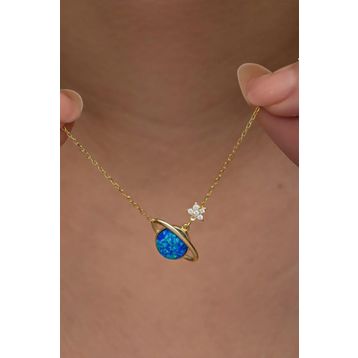 Nereze 925 Ayar Gümüş Gold Kaplama Mavi Opal Taşlı Gezegen Kolye