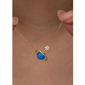 Nereze 925 Ayar Gümüş Gold Kaplama Mavi Opal Taşlı Gezegen Kolye