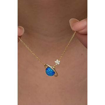 Nereze 925 Ayar Gümüş Gold Kaplama Mavi Opal Taşlı Gezegen Kolye