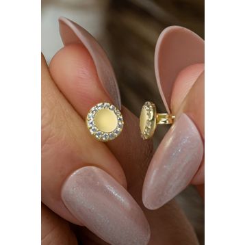 Nereze 925 Ayar Gümüş Gold Kaplama Minimal Zirkon Taşlı Yuvarlak Küpe