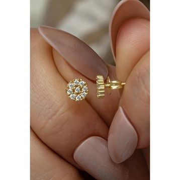 Nereze 925 Ayar Gümüş Gold Kaplama Minimal Zirkon Taşlı Yuvarlak Küpe