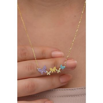 Nereze 925 Ayar Gümüş Gold Kaplama Sıralı Uçuşan Kelebekler Kolye