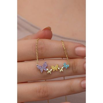 Nereze 925 Ayar Gümüş Gold Kaplama Sıralı Uçuşan Kelebekler Kolye