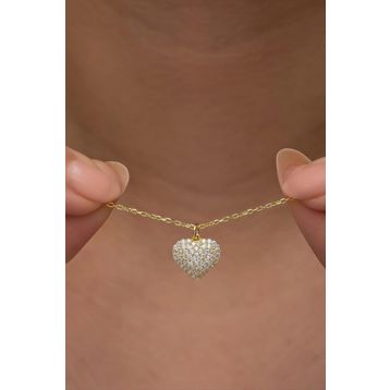 Nereze 925 Ayar Gümüş Gold Kaplama Zirkon Taşlı Minimal Kalp Kadın Kolye