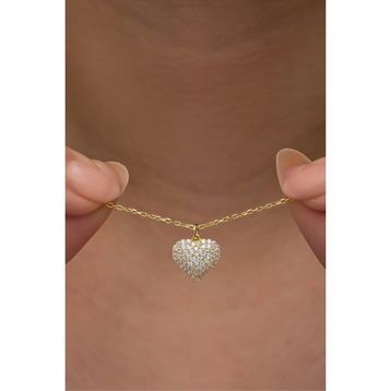 Nereze 925 Ayar Gümüş Gold Kaplama Zirkon Taşlı Minimal Kalp Kadın Kolye