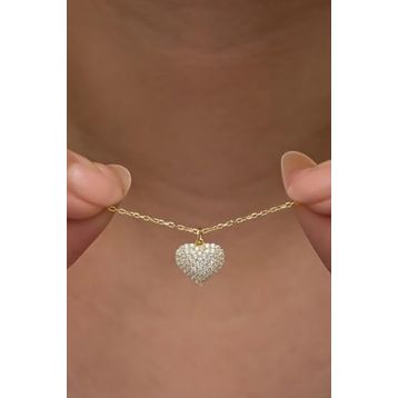 Nereze 925 Ayar Gümüş Gold Kaplama Zirkon Taşlı Minimal Kalp Kadın Kolye