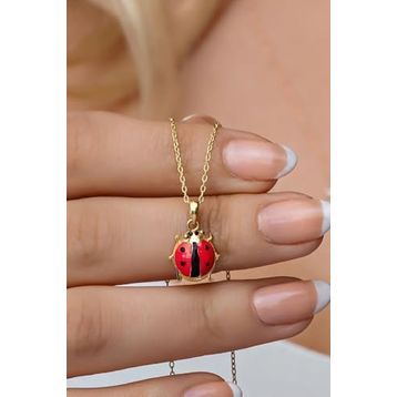Nereze 925 Ayar Gümüş Gold Kırmızı Mineli Uğur Böceği Kolye