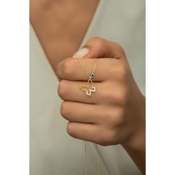 Nereze 925 Ayar Gümüş Gold Nazar Göz Kelebek Kolye