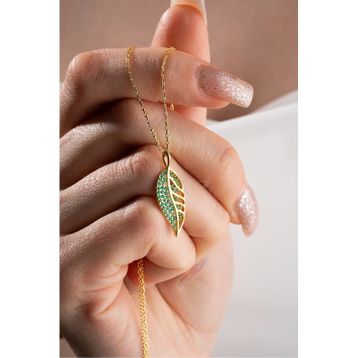 Nereze 925 Ayar Gümüş Gold Yeşil Zirkon Taşlı Yaprak Tasarım Kolye