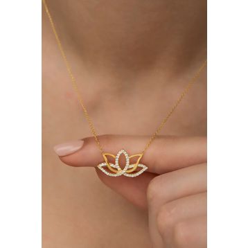 Nereze 925 Ayar Gümüş Gold Zirkon Taşlı Lotus Çiçeği Kolye