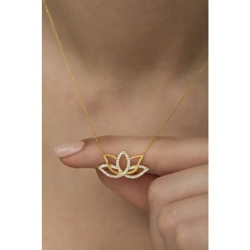 Nereze 925 Ayar Gümüş Gold Zirkon Taşlı Lotus Çiçeği Kolye