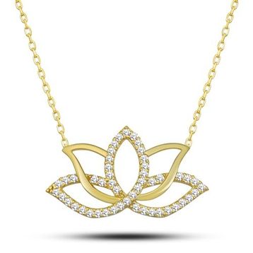 Nereze 925 Ayar Gümüş Gold Zirkon Taşlı Lotus Çiçeği Kolye