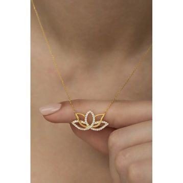 Nereze 925 Ayar Gümüş Gold Zirkon Taşlı Lotus Çiçeği Kolye