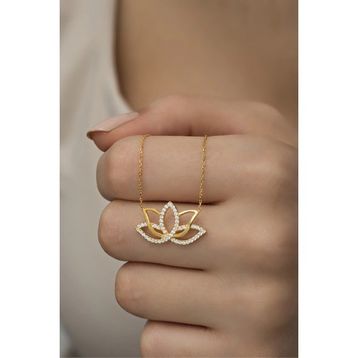 Nereze 925 Ayar Gümüş Gold Zirkon Taşlı Lotus Çiçeği Kolye