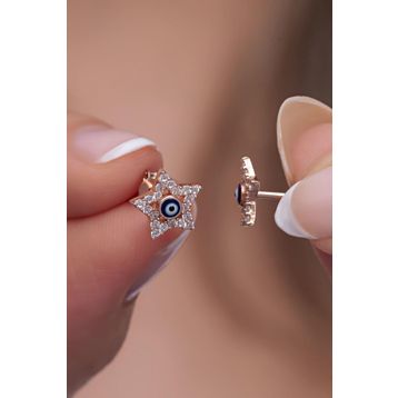 Nereze 925 Ayar Gümüş Mavi Mineli Minik Nazar Yıldız Küpe
