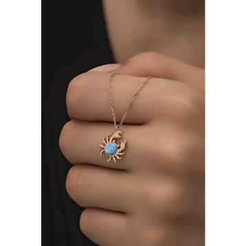 Nereze 925 Ayar Gümüş Mavi Opal Taşlı Yengeç Kolye