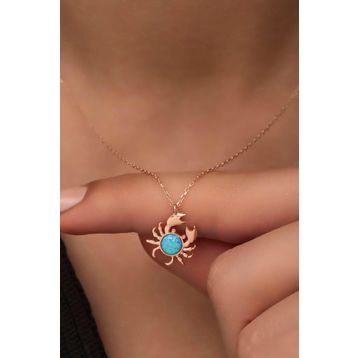 Nereze 925 Ayar Gümüş Mavi Opal Taşlı Yengeç Kolye