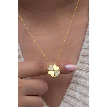 Nereze 925 Ayar Gümüş Mıknatıslı Ayrılabilir Gold Yonca Kadın Kolye