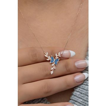 Nereze 925 Ayar Gümüş Minik Mavi Daldaki Kelebek Kolye