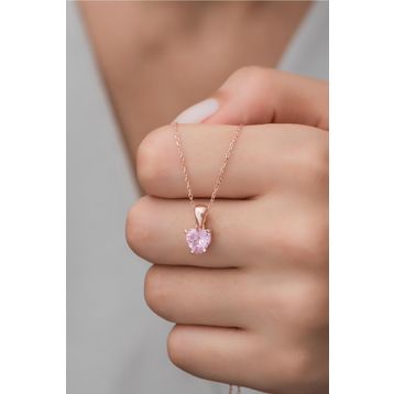 Nereze 925 Ayar Gümüş Pembe Taşlı Kalp Kolye