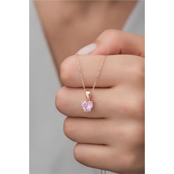 Nereze 925 Ayar Gümüş Pembe Taşlı Kalp Kolye