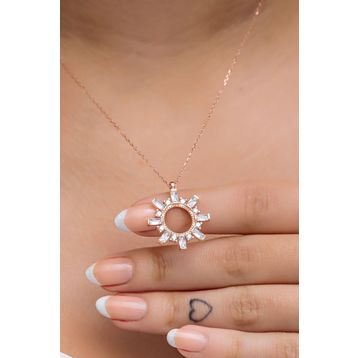 Nereze 925 Ayar Gümüş Rose Baget Taşlı Güneş Tasarım Kolye