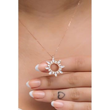 Nereze 925 Ayar Gümüş Rose Baget Taşlı Güneş Tasarım Kolye