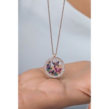 Nereze 925 Ayar Gümüş Rose Daire Tasarım Uçuşan Kelebek Kolye