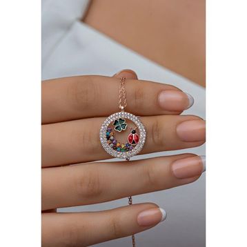Nereze 925 Ayar Gümüş Rose Daire Tasarım Yonca Ve Uğur Böceği Detay Kadın Kolye