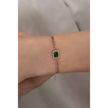 Nereze 925 Ayar Gümüş Rose Gurmet Zincir Yeşil Tektaş Bileklik