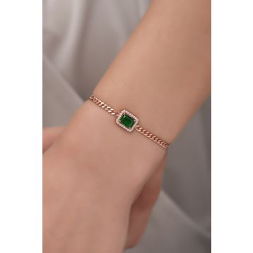 Nereze 925 Ayar Gümüş Rose Gurmet Zincir Yeşil Tektaş Bileklik
