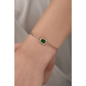 Nereze 925 Ayar Gümüş Rose Gurmet Zincir Yeşil Tektaş Bileklik