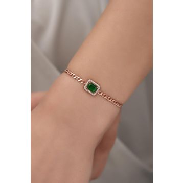 Nereze 925 Ayar Gümüş Rose Gurmet Zincir Yeşil Tektaş Bileklik