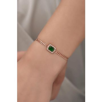 Nereze 925 Ayar Gümüş Rose Gurmet Zincir Yeşil Tektaş Bileklik