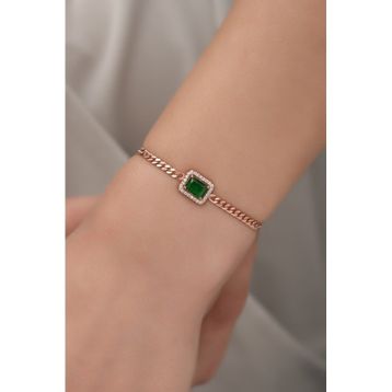 Nereze 925 Ayar Gümüş Rose Gurmet Zincir Yeşil Tektaş Bileklik