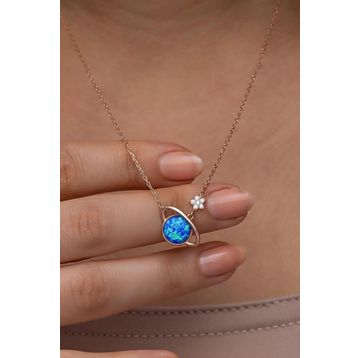 Nereze 925 Ayar Gümüş Rose Kaplama Mavi Opal Taşlı Gezegen Kolye