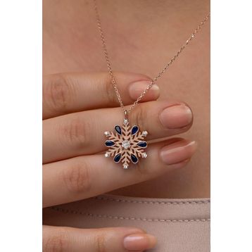 Nereze 925 Ayar Gümüş Rose Kaplama Mavi Taşlı Kartanesi Kolye