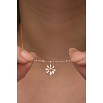 Nereze 925 Ayar Gümüş Rose Kaplama Minimal Mineli Papatya Kadın Kolye