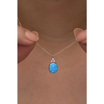Nereze 925 Ayar Gümüş Rose Kaplama Oval Mavi Opal Taşlı Kadın Kolye