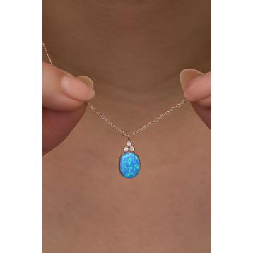 Nereze 925 Ayar Gümüş Rose Kaplama Oval Mavi Opal Taşlı Kadın Kolye