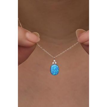 Nereze 925 Ayar Gümüş Rose Kaplama Oval Mavi Opal Taşlı Kadın Kolye