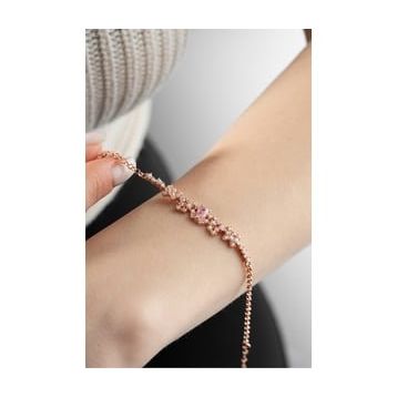Nereze 925 Ayar Gümüş Rose Kaplama Pembe Zirkon Taşlı Tasarım Bileklik