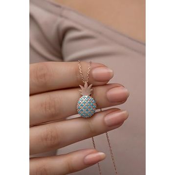 Nereze 925 Ayar Gümüş Rose Kaplama Turkuaz Taşlı Ananas Kolye