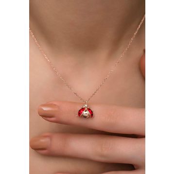 Nereze 925 Ayar Gümüş Rose Mineli Uğur Böceği Kolye