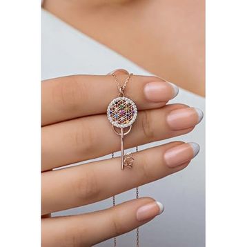 Nereze 925 Ayar Gümüş Rose Mix Taşlı Anahtar Kadın Kolye