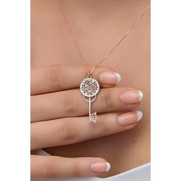 Nereze 925 Ayar Gümüş Rose Mix Taşlı Anahtar Kadın Kolye